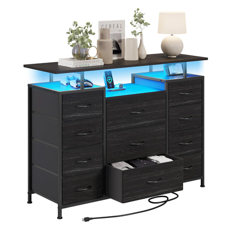 LUMTOK 11 Drawers Dresser with Fabric Drawers,Charging Station, LED Lights and Shelves for Bedroom, Living Room, Hallway, Nursery Storage Organization (Black Wood Veins) LUMTOK