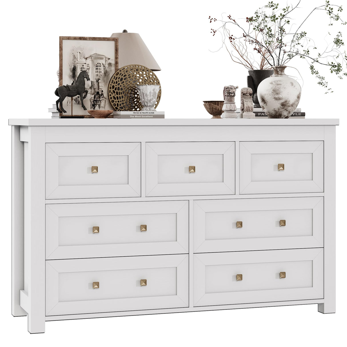 Dresser for Bedroom with 7 Drawers, Farmhouse Wood Chest of Drawers, Wide TV Stand Closet Storage Furniture with Metal Handle, Modern Clothes Organizer for Hallway, Living Room, Entryway, White Xixini