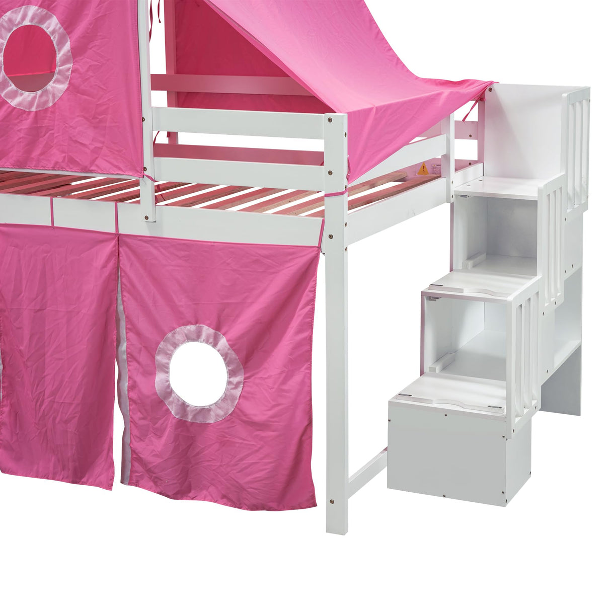 Merax Low Loft Bed Full Size with Slide and Storage Stairs, Wood Loft Bed with Tent & Tower, for Boys & Girls, Pink Merax
