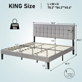 LUXOAK King Size Bed Frame with LED Headboard, Linen Button Tufted Upholstered Platform Bed with USB Charging Station, Strong Wooden Slats Support, No Box Spring Needed, Light Grey LUXOAK