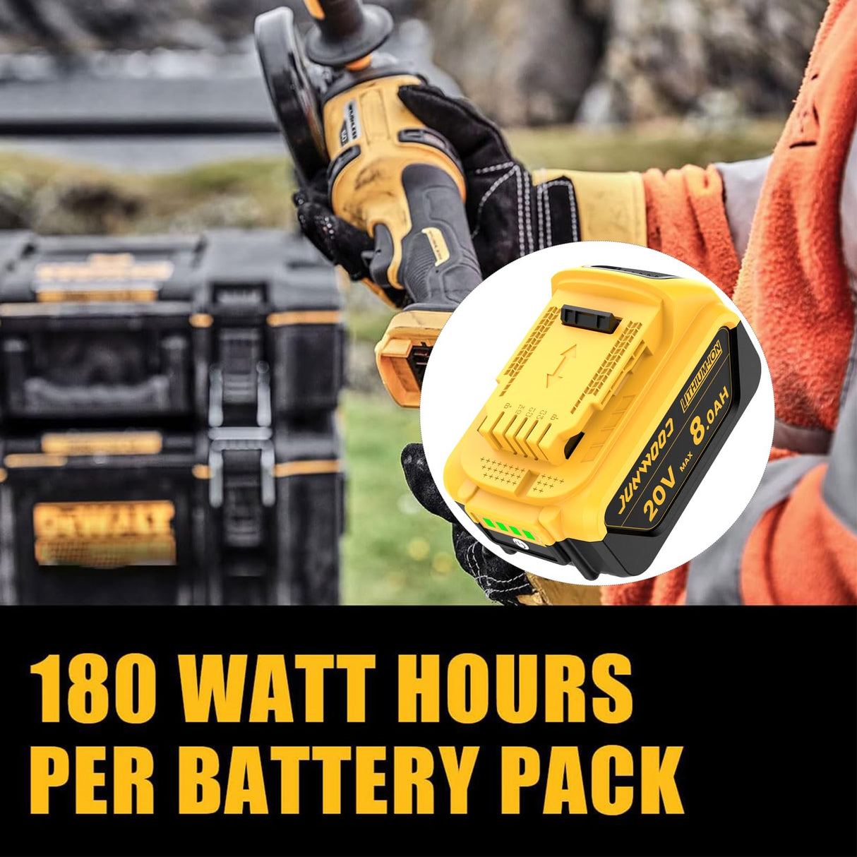 JUNWOOD 4Pack 8.0Ah Replacement for Dewalt 20V Battery Lithium Max XR Cordless Tools DCB180 DCB205 DCB206 DCB206-2 DCB200 DCB204 DCB204BT-2 DCB203 DCB201 DCB207 JUNWOOD