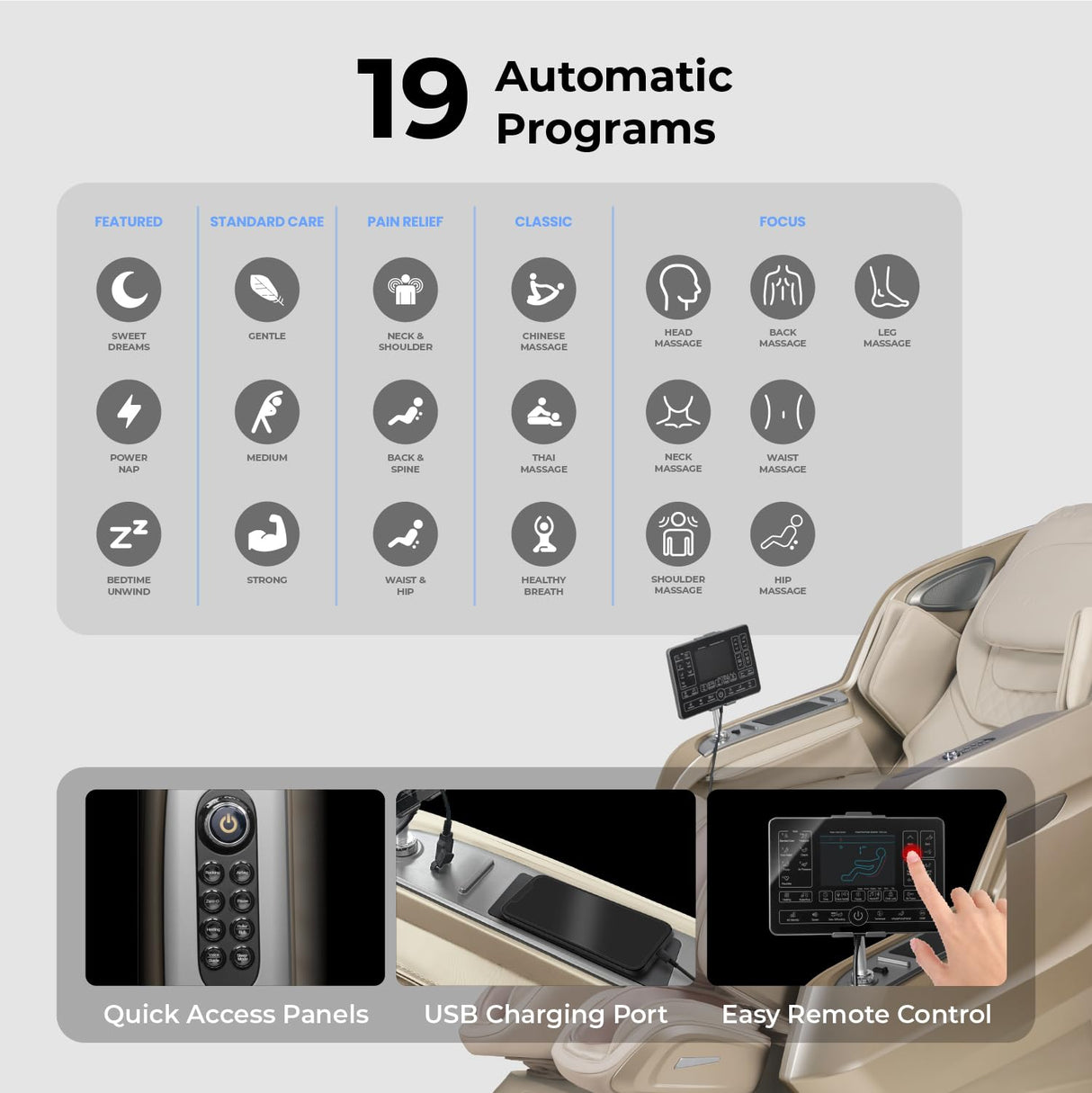 Osaki 4D Achilles l 360 Rotating Footrest l Full Body Massage Chair l Zero Gravity l 360 Kenading Calfrest l Lumbar Heating l Touchscreen Controller l Auto Body Scan l Bluetooth Speaker (Taupe) Osaki