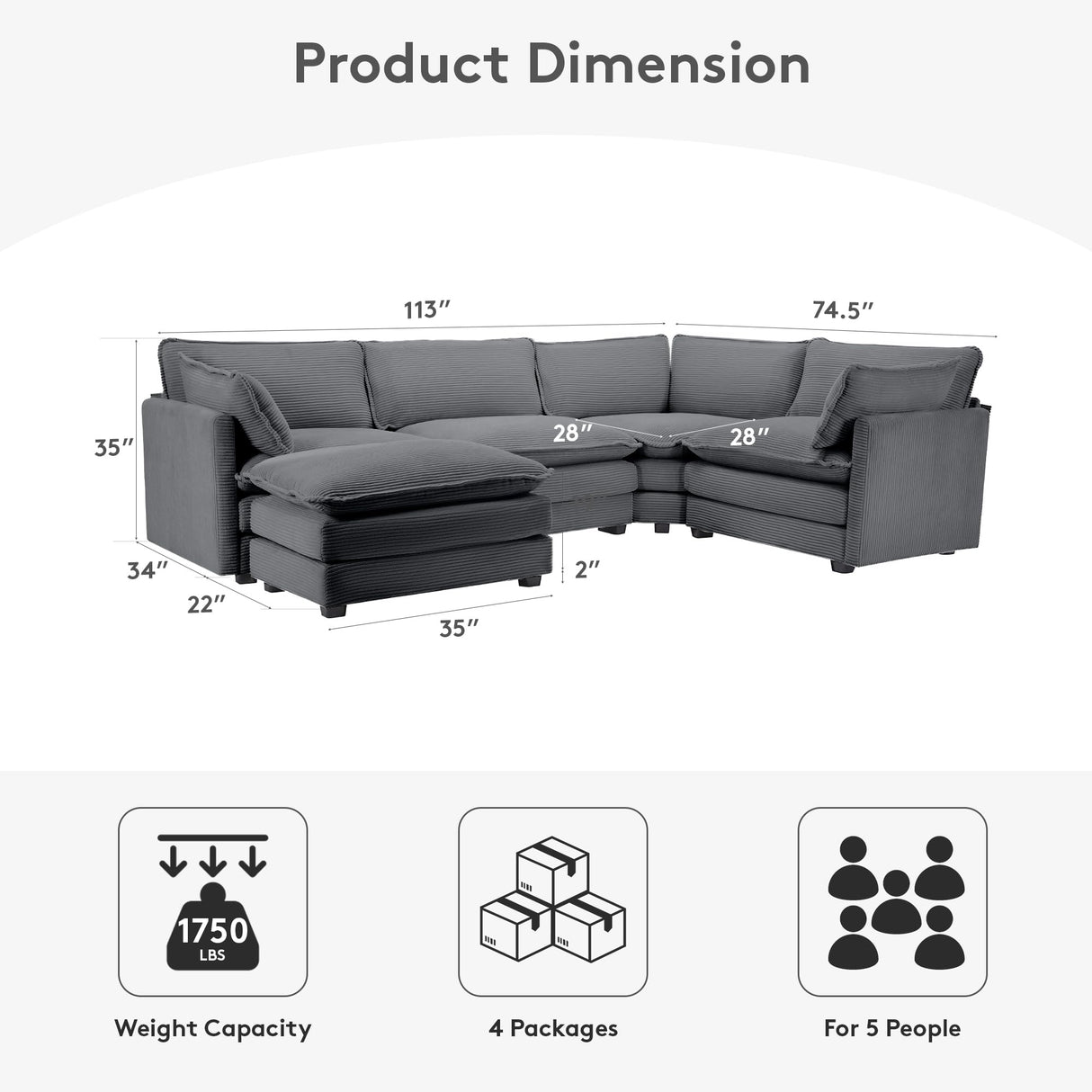 ROWHY 113'' Modular Sectional Cloud Couch, 5 Seater Corner Sofa Big Comfy Corduroy Oversized L Shaped Couch with 2 Pillows, Ottoman, Deep Seat Sectional Couches for Living Room Office, Dark Grey ROWHY