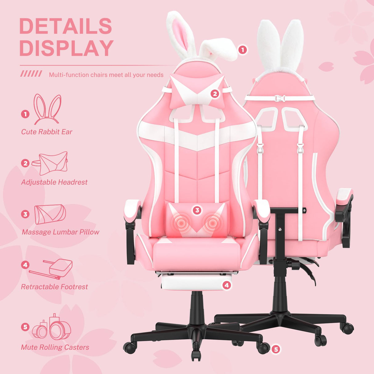 Soontrans Pink Gaming Chair with Footrest,Lovely Bunny Computer Gamer Chair,Gamer Desk Chair for Granddaughter,Sister,Girlfriend,Wife and Love (Pink) Soontrans