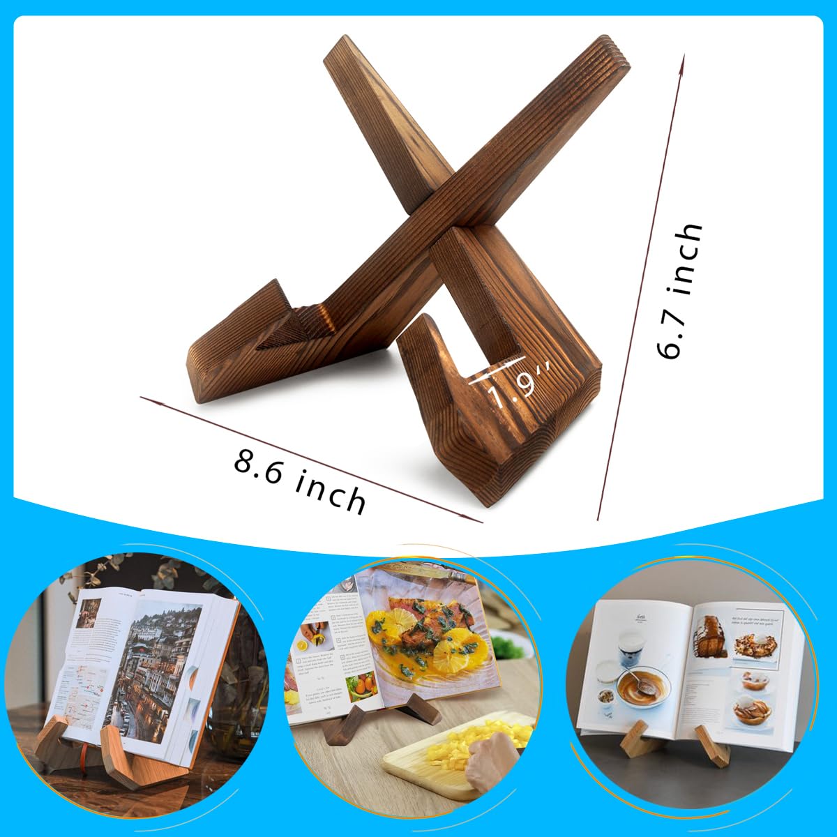 masteymoh Rustic Cookbook Holder Stand for Kitchen, Recipe Book Holder for Kitchen Counter, Wooden Kitchen Book Holder, Rustic Cook Book Holder Stand with Natural Wooden Grains (1 in Brown) masteymoh