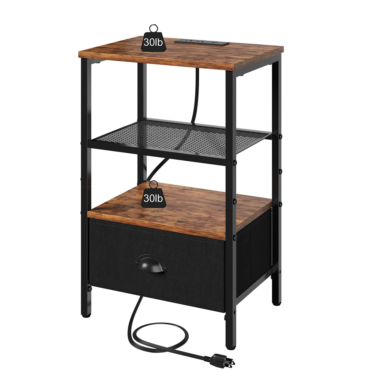 Sthmec Nightstands with Charging Station, LED Bedside Tables with Charging Station and Fabric Drawer, Night Stand with Storage, 3 Tier Side Table with Open Shelf,Nightstand Bedside Table,Rustic Brown WoodArtSupply