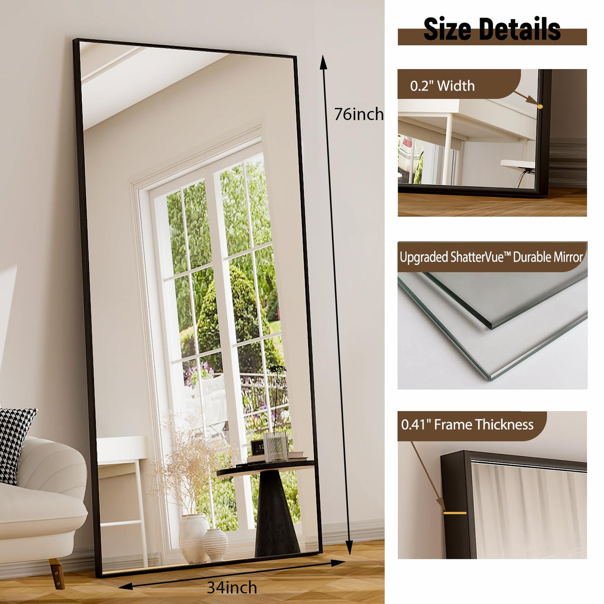 GLSLAND 76"x34" Full Length Mirror Extra Large Hanging or Leaning Rectangle Mirror Aluminum Alloy Thin Frame Bedroom Floor Dressing,Black GLSLAND
