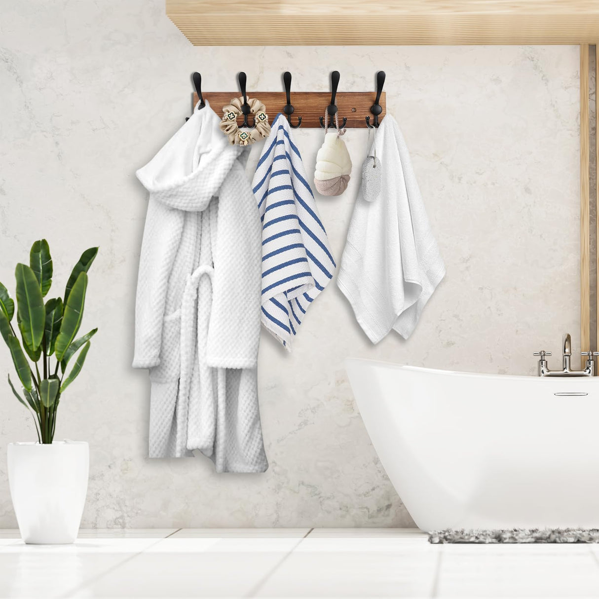 Kuhome Coat Rack Wall Mount Wooden Hat Rack for Wall Hooks Pine Real Wood Plank 16.9" Brown Coat Hanger with 5 Triple Hooks for Hanging Coat Hat Jacket Kuhome