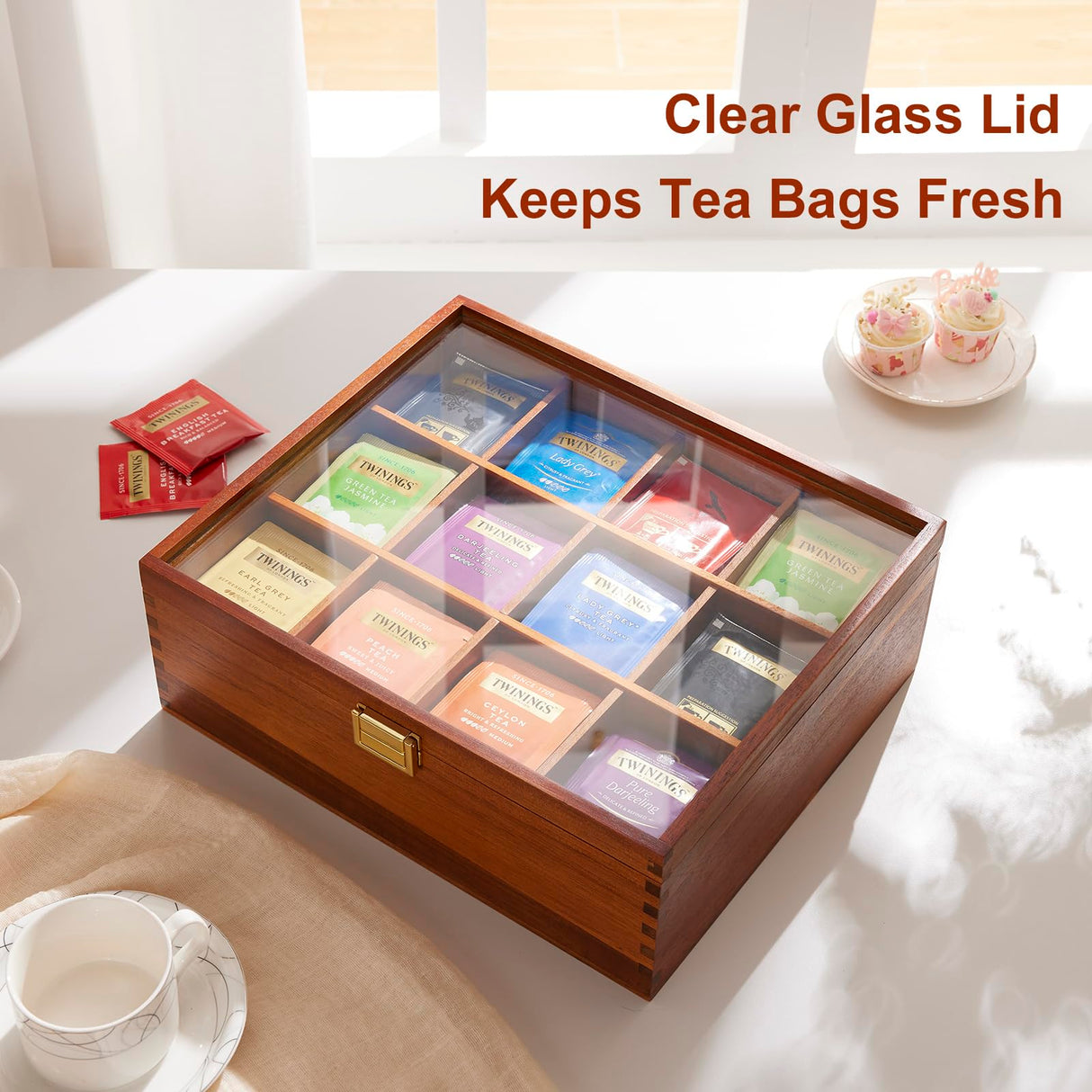 Tea Bag Organizer, Acacia Wood Tea Organizer Box, 12 Compartments Tea Organizer for Tea Bags with Clear Glass Window, Tea Bag Holder for Countertop Kitchen Cabinet Pantry - Keeps Tea Bags Fresh HouseJoy