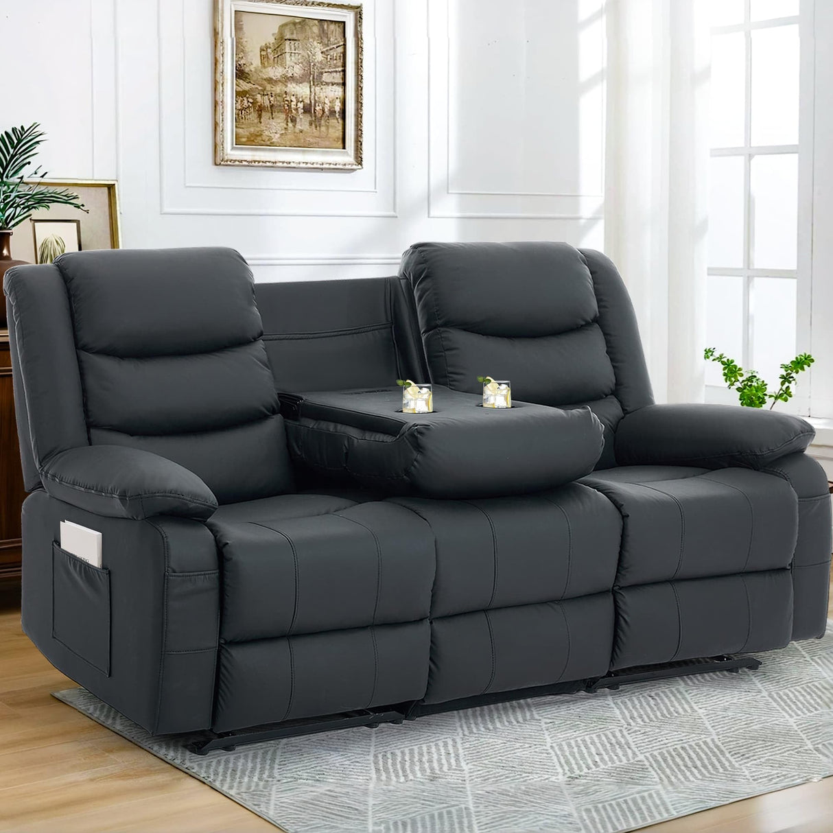 Korser Recliner Sofa, Reclining Loveseat with Console, Oversized Reclining Couch with Drop Down Table, 3-Seater Leather Sofa with Cup Holder and Recessed Power Strip, Black Korser