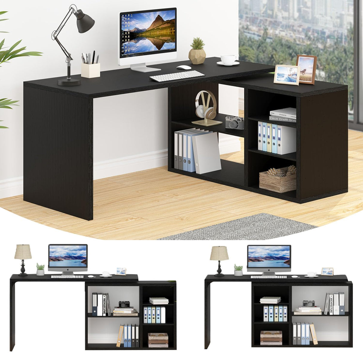 HSH Black L Shaped Computer Desk, Corner Desk with Storage Cabinet Drawer Shelves, Reversible Industrial Wood Executive Workstation, L-shaped Home Office Table for Work Study Writing Gaming, 55 Inch HSH