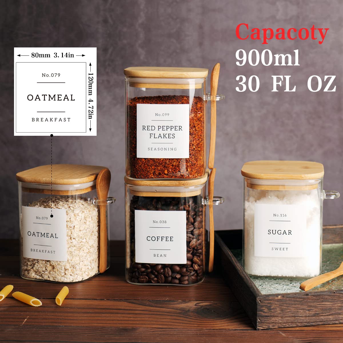 CZZGSM Set of 4 Square Glass Jar with Bamboo Lids and Spoons – Airtight 27 oz Borosilicate Glass Food Storage Contaienrs with 132 Kitchen Pantry Labels for Coffee, Tea, Sugar CZZGSM