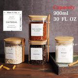 CZZGSM Set of 4 Square Glass Jar with Bamboo Lids and Spoons – Airtight 27 oz Borosilicate Glass Food Storage Contaienrs with 132 Kitchen Pantry Labels for Coffee, Tea, Sugar CZZGSM