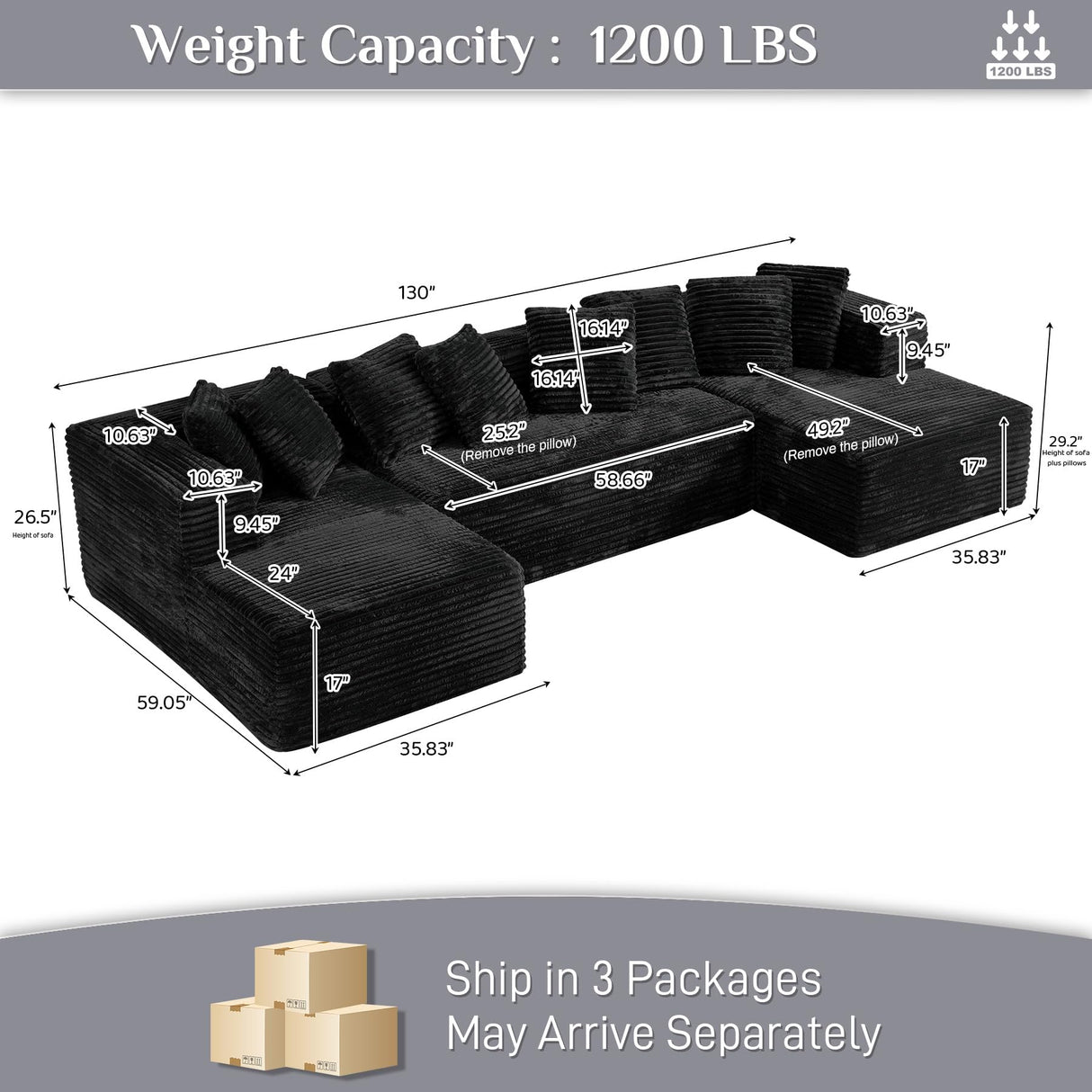 ONEMMLION Modular Sectional Sofa Cloud Couch, 131" Black Boneless Couches for Living Room, Comfy Deep Seat Plush Corduroy Sofa, Modern Fluffy Memory Foam U Shape Sectional Couch with Chaise Lounge ONEMMLION