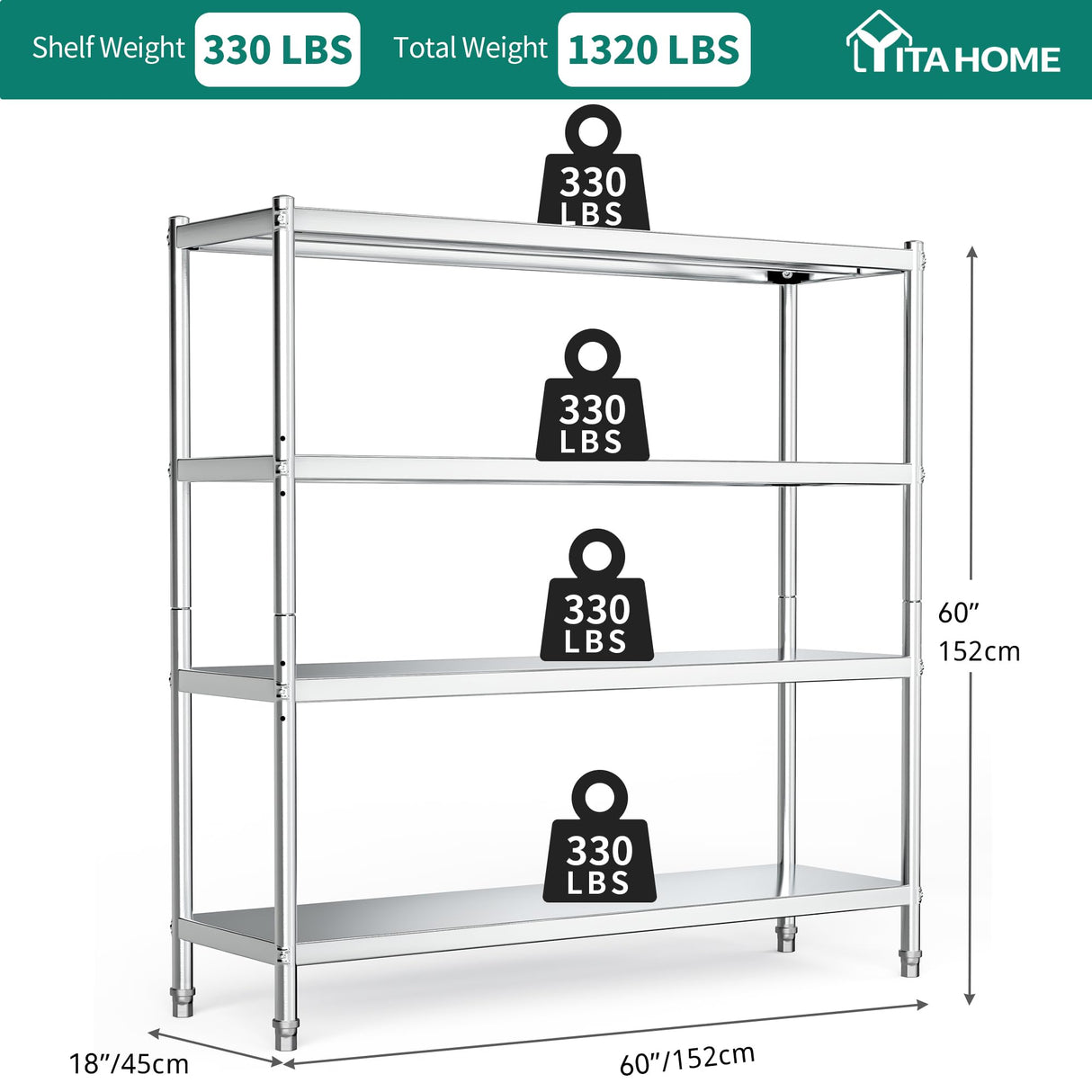 YITAHOME Stainless Steel Shelves, 60"*18"*60" 4 Tier Storage Shelf, Heavy Duty Shelving for Kitchen Garage Office Restaurant Warehouse YITAHOME