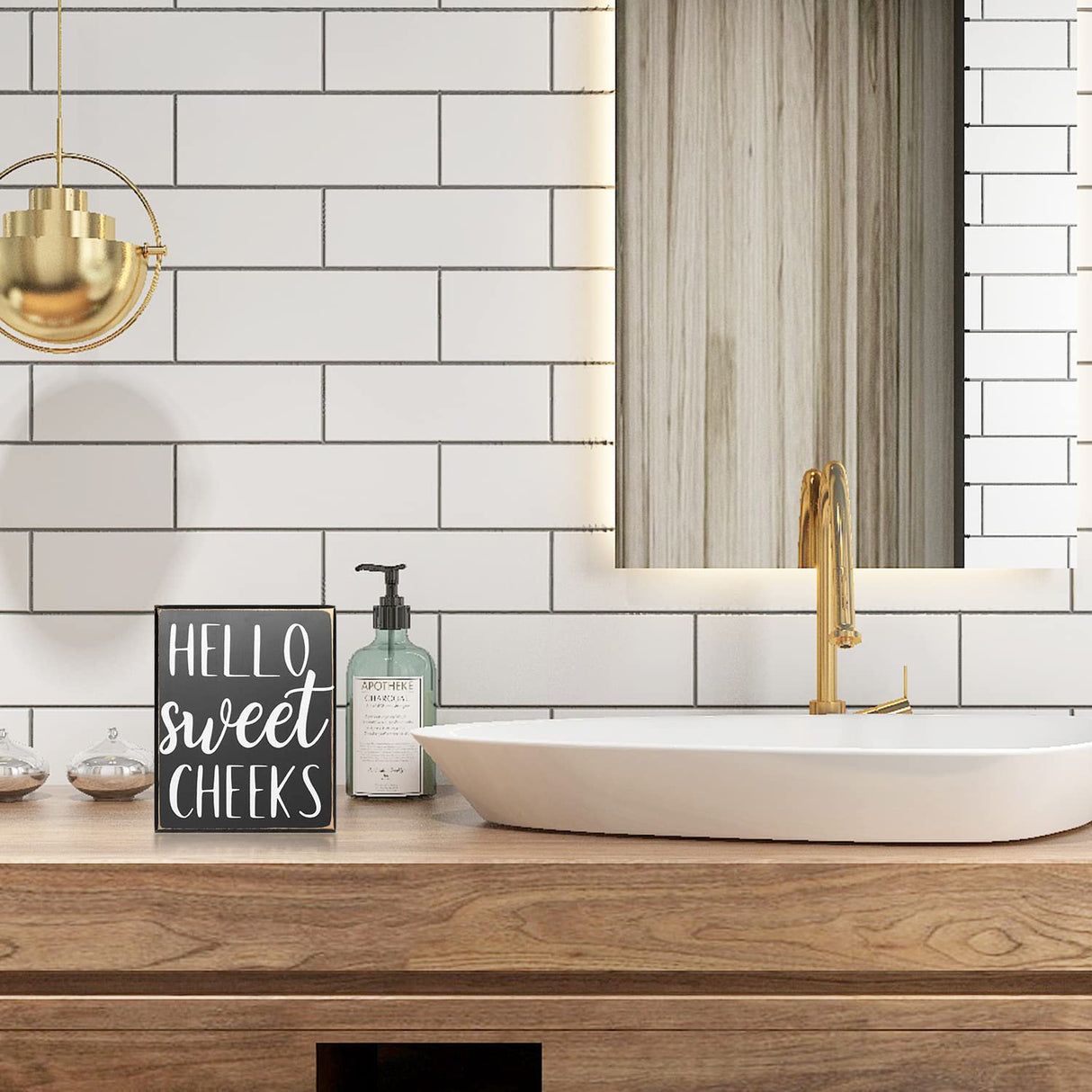 Pigort Hello Sweet Cheeks Sign - Bathroom Decor Modern Farmhouse Home Accent - Rustic Black Wood Shelf Plaque Box Sign for Women, Family, Friend 5X6X1.8 INCH Pigort