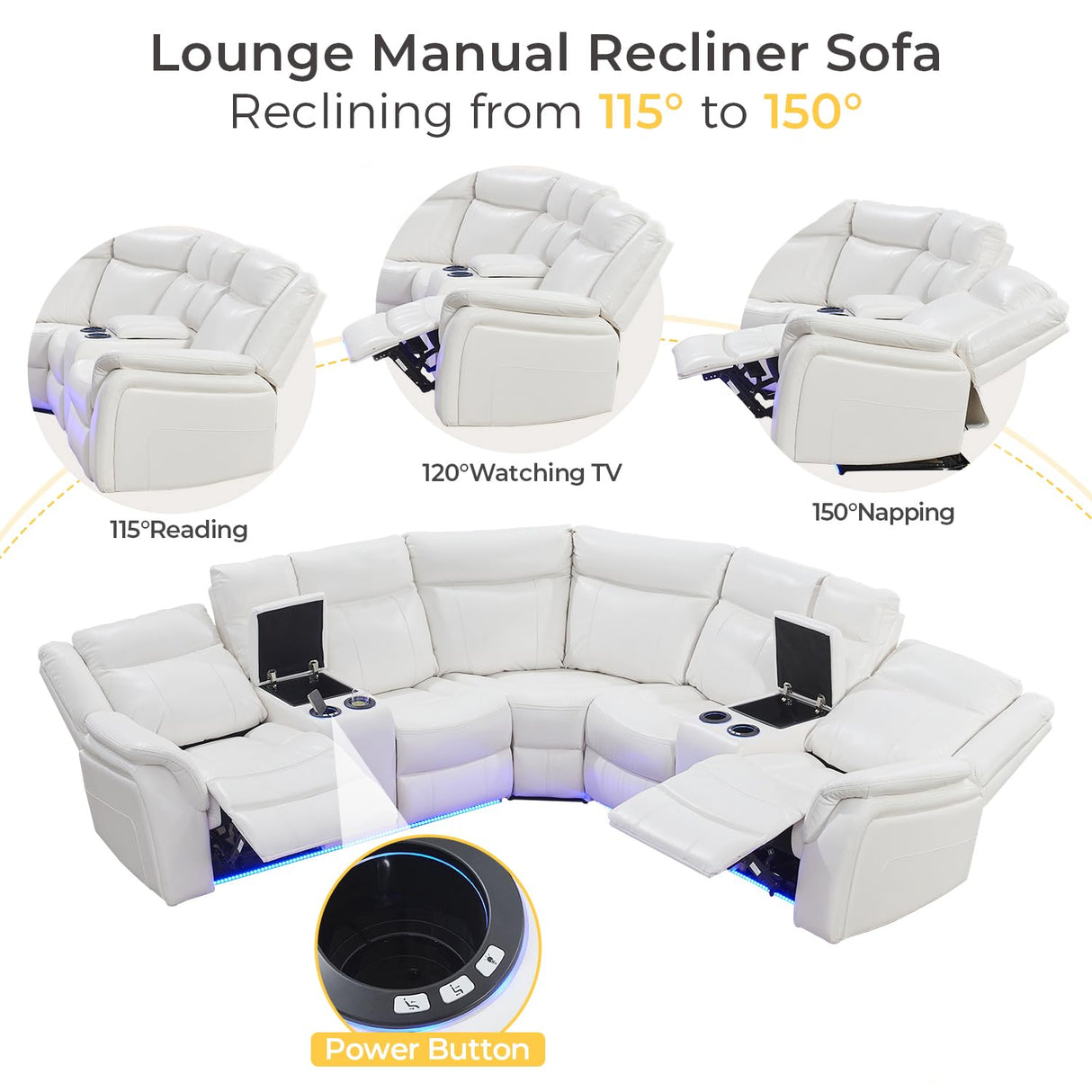 Power Recliner Sectional Sofa Couches with LED Lights for Living Room, Faux Leather Wall Hugger Reclining Corner Couch Sets with 2 Home Theater Seat, USB Charger, Cup Holder, Storage Console, White Comfort Stretch