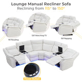 Power Recliner Sectional Sofa Couches with LED Lights for Living Room, Faux Leather Wall Hugger Reclining Corner Couch Sets with 2 Home Theater Seat, USB Charger, Cup Holder, Storage Console, White Comfort Stretch