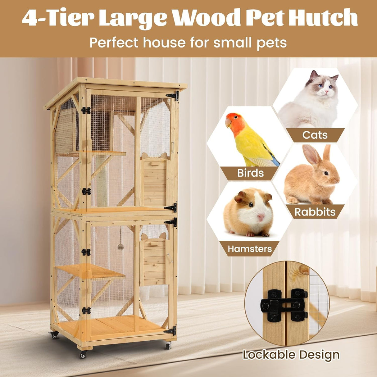 TITIMO 71" Catio Cat Enclosure Window, Large Outdoor/Indoor Cat House for Multiple Cats, Wooden Kitty Condo W/Waterproof Roof, Platforms, Resting Box, Scratching Post, Sisal Ball, Wheels (Burlywood) TITIMO