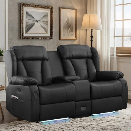 IBTKIG Power Recliner Loveseat Sofa with Console for Living Room, Home Theater Seating Seats with 4 Colors Ambient Lighting, USB & Type-C Ports, Cup Holders, Side Pocket, Power Recline (Black) IBTKIG