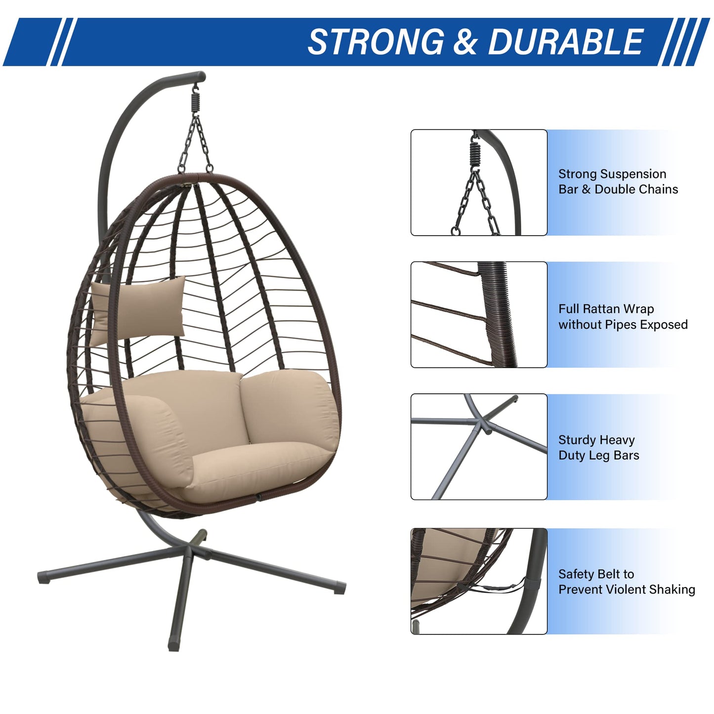 ALAULM Egg Swing Chair Outdoor Indoor Wicker Rattan Hanging Chair with Stand 350lbs Capacity w/Strong Frame & UV Resistant Cushions for Patio Balcony Bedroom (Brown)