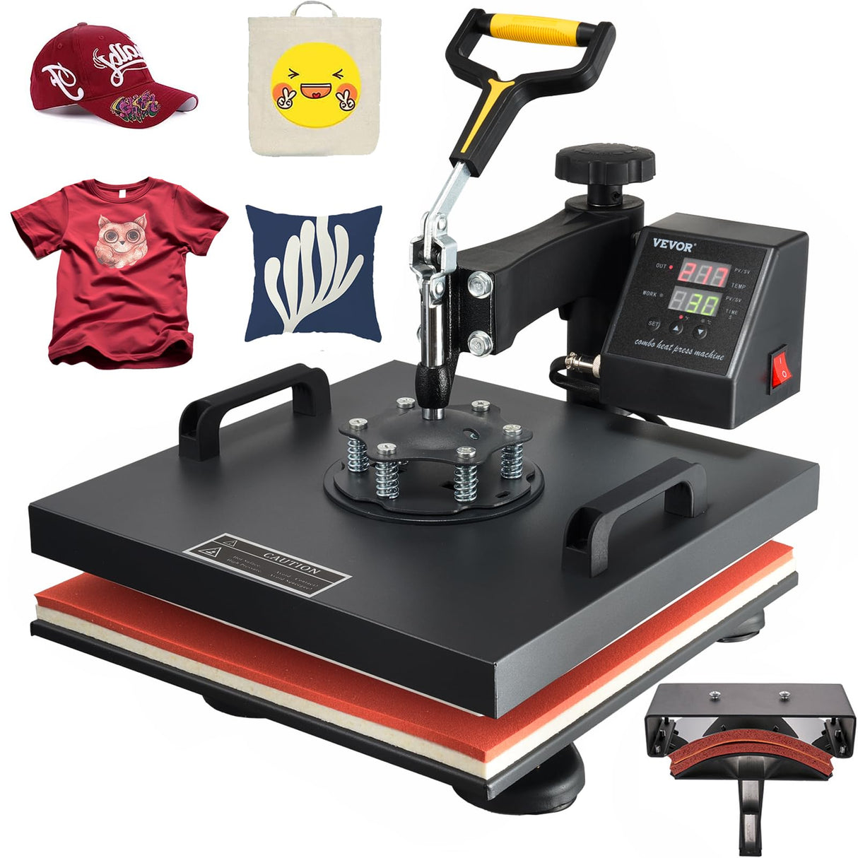 VEVOR 2 in 1 Heat Press 15x15 Inch 360° Swing Away Digital Tshirt Press Machine with 6x3 Inch Hat Press, Multifunction Combo for T Shirt Hat Cap Pillow Bag, 2in1-Black VEVOR