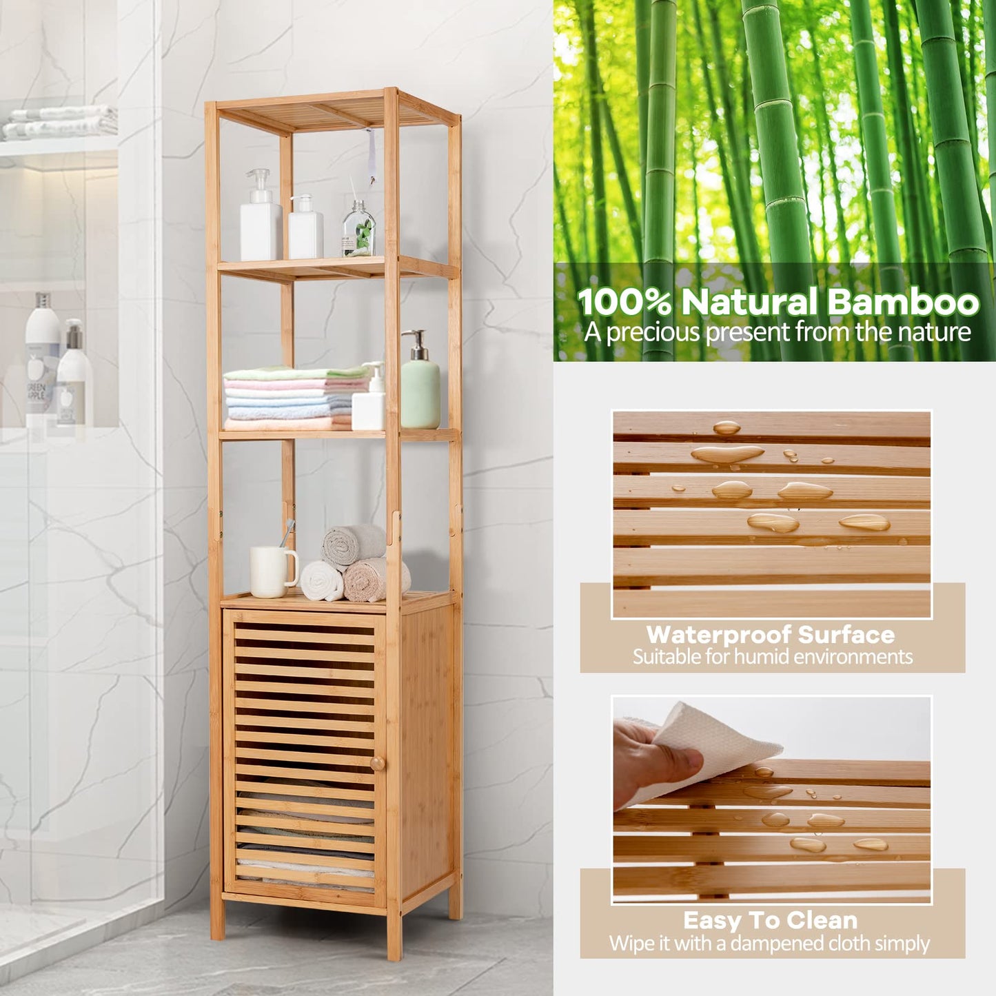 Giantex Bamboo Storage Cabinet, 4-Tier Slim Shelving Unit with Shutter Door & Anti-Toppling Device, Freestanding Tower Corner Rack Floor Cabinet for Bathroom, Living Room, Kitchen, Natural