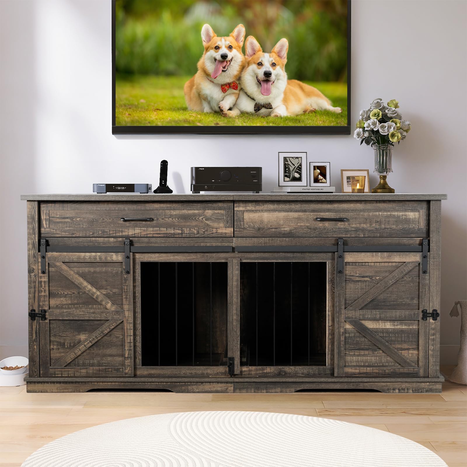 Extra Large Dog Crate with Divider, Double Dog Crate for 2 Large Dogs, 71" Wood Dog Kennel Indoor Cages for Dogs, XL Dog Kennel Furniture with 2 Drawers, TV Stand Dog Crate for Large Medium S - WoodArtSupply