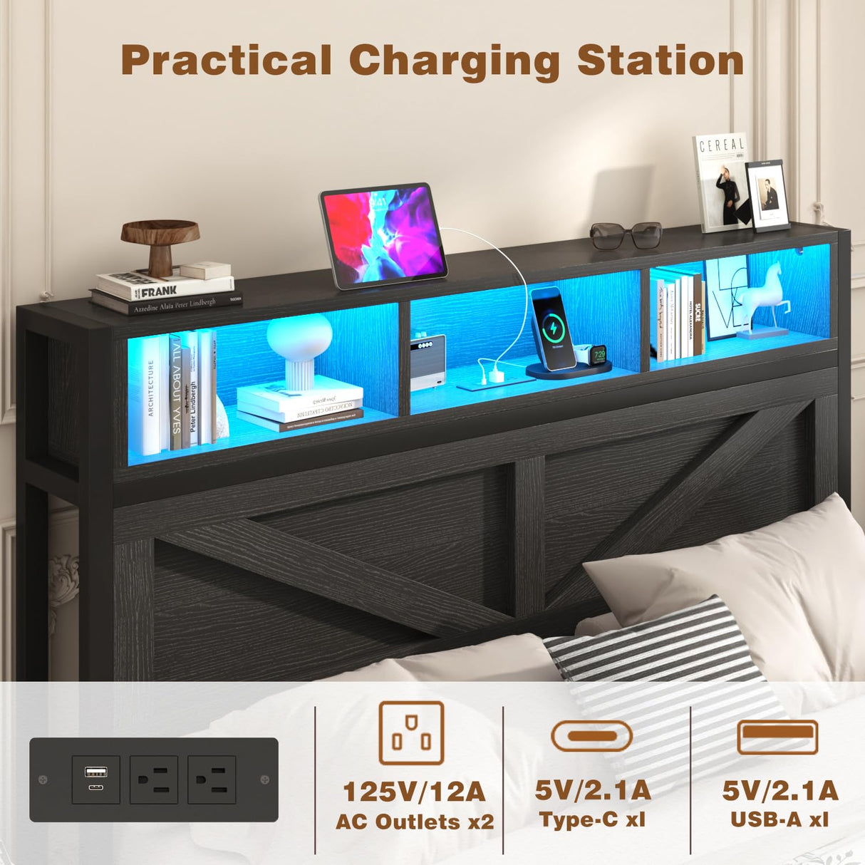 Incyneva Farmhouse King Bed Frame with Bookcase Storage Headboard, Charging Station, LED Light and 2 Storage Drawers, Noise Free, No Box Spring Needed, Black Incyneva