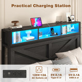Incyneva Farmhouse King Bed Frame with Bookcase Storage Headboard, Charging Station, LED Light and 2 Storage Drawers, Noise Free, No Box Spring Needed, Black Incyneva