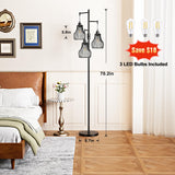 Dimmable Floor Lamp, 3 x 800LM LED Edison Bulbs Included, Farmhouse Industrial Floor Lamp Standing Tree Lamp with Elegant Cage Tall Lamps for Living Room Bedroom Office - Black Ziisee