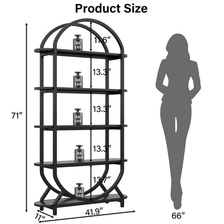 Semoic Tall Bookshelf Arched Bookcase, Modern 5-Tier Book Shelves with Storage Organizer - Industrial Curved Freestanding Open Display Shelving Unit for Living Room, Library, Home Office, Black Semoic