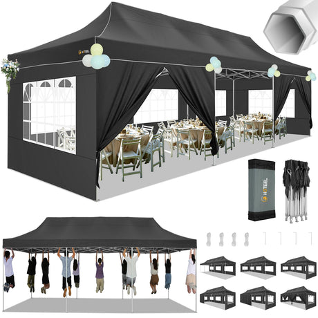 HOTEEL Tents for Parties 10x30 Pop Up Canopy Tent Heavy Duty with 8 Sidewalls, Commercial Party Tent Event Wedding Instant Canopy Waterproof with Carry Bag, UV 50+, Thicked Hexagonal Legs, Black Hoteel