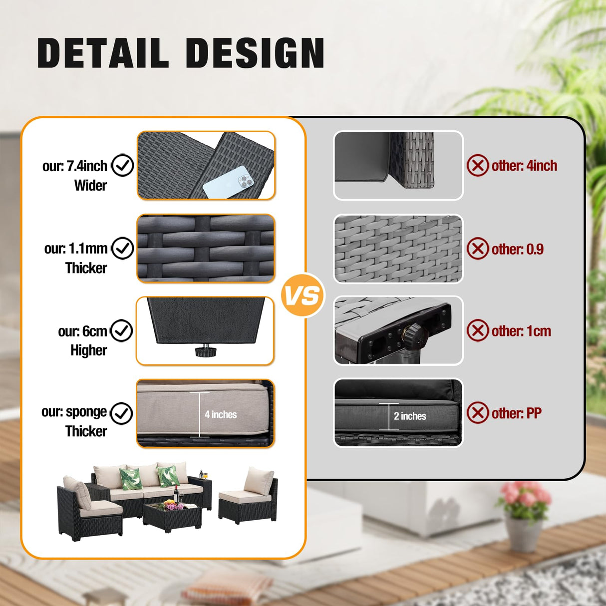 JOYURE 6PCS Patio Furniture Set Outdoor Wicker All-Weather Sectional Conversation Sofa Rattan Patio Seating with Cushion and Glass Table for Porch Poolside,Beige JOYURE