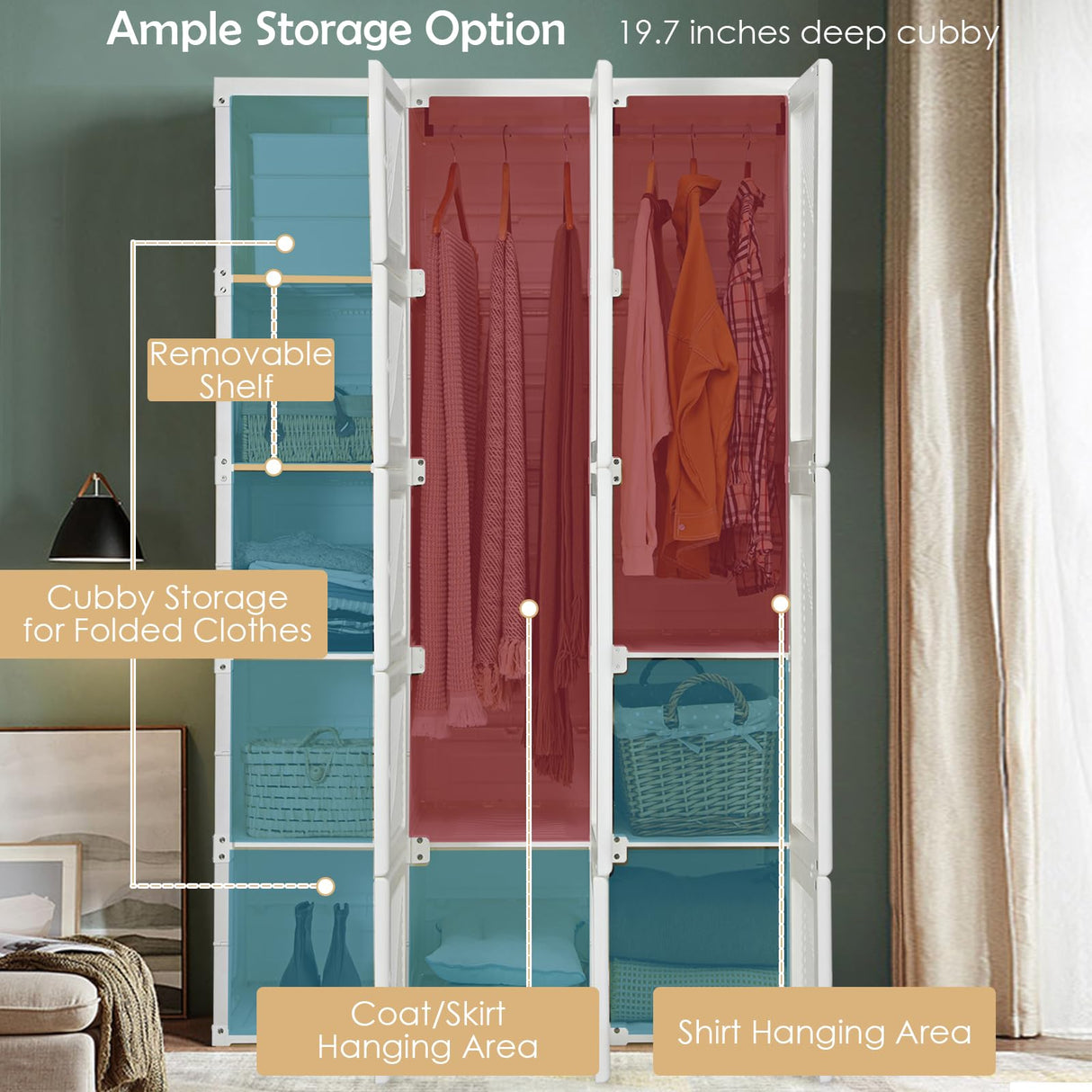 Tangkula Portable Closet Wardrobe, Foldable Clothes Organizer with Cubby Storage, Hanging Rods, Easy Assemble Clothing Storage with Magnet Doors, Folding Bedroom Armoire (10 Cubbies & 2 Rods) Tangkula