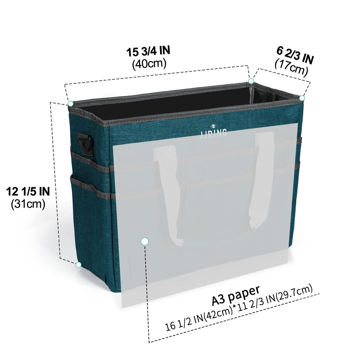 JJRING Craft Organizer Tote Bag, Large Art Storage Caddy with Multiple Pockets, Bluish Green Sewing Bag for Art, Craft, Scrapbooking, School, Medical, and Office Supplies Storage JJRING