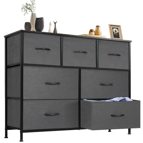Sweetcrispy 7 Drawer Dresser Storage Organizer with Fabric Bins, Sturdy Steel Frame and Wood Top, Easy Pull Handles, for Bedroom Closet Hallway Entryway,Grey Sweetcrispy