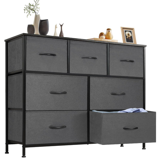 Sweetcrispy Dresser, Dresser for Bedroom, Storage Drawers, TV Stand Fabric Storage Tower with 7 Drawers, Chest of Drawers with Fabric Bins, Wooden Top for TV up to 45 inch, for Kid Room, Closet