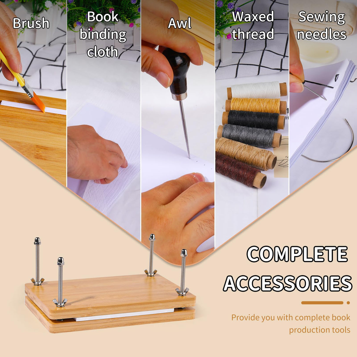 JUPEAN Book Binding Kits, Book Press, 7.9”x11.6”, Books Making Kit Bookbinding Supplies with Wooden Binding Press Books Cover Board Bone Folder Awl Bind Strap for DIY JUPEAN