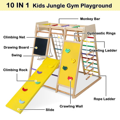 TODEFULL Indoor Jungle Gym for Kids, 10 in 1 Wooden Montessori Climbing Set with Swing Slide Climbing Net, Monkey Bar, Wood & Rope Ladder, Large Climbing Toys for Kids 3+, Rainbow