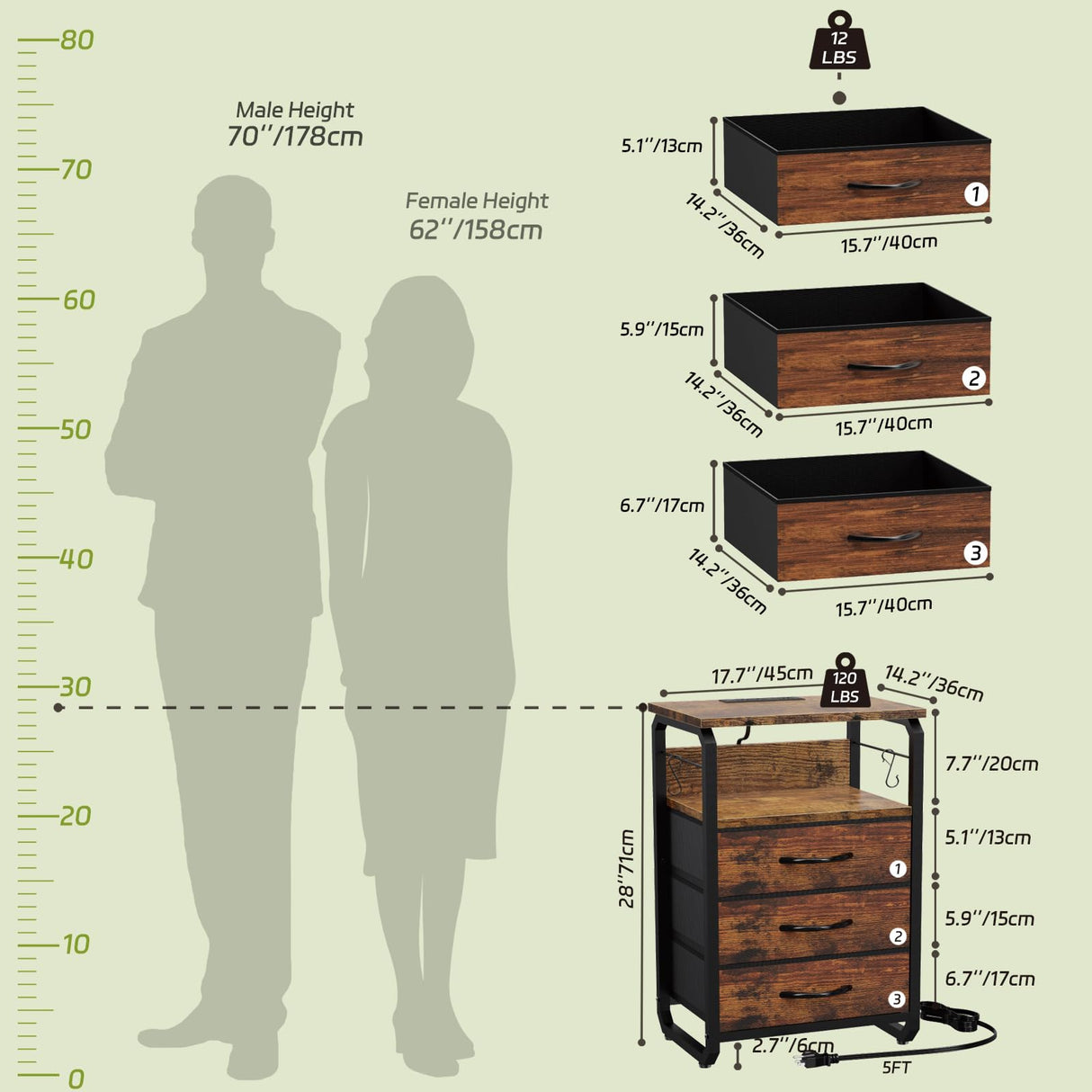 runjuly Tall Nightstand Set of 2 with Charging Station, Bed Side Tables Bedroom Set of 2, LED Night Stand Set 2, Bedside Table with Drawers, Night End Table with Storage for Bedroom, Dorm Rustic Brown runjuly