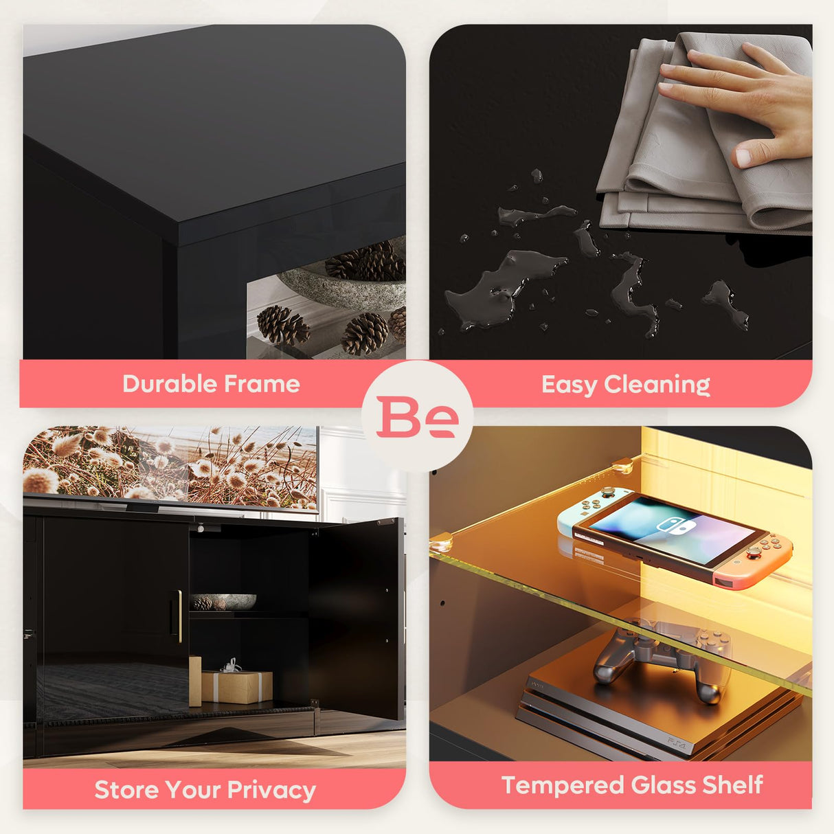 Bestier LED TV Stand for 75 Inch TV Large Entertainment Center Gaming with Storage Glass Shelves Two Cabinets Modern TV Console for Living Room Bestier