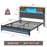 busyaeh King Size Bed Frame with Upholstered Storage Headboard, King Bed Frame with Smart LED Lights, Camas King Bed with Charging Station,Noise-Free, Metal Support, No Box Spring Needed, Gray busyaeh
