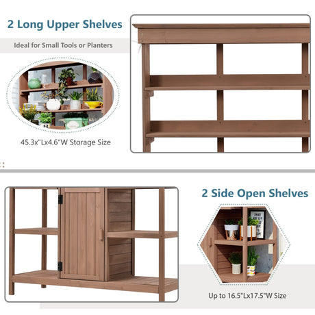 66" Large Outdoor Farmhouse Wooden Potting Bench Table, Garden Workstation with 2 Drawers, Cabinet and Open Shelves for Backyard, Mudroom (Brown-@16) Tdewlye