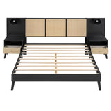 Queen Size Platform Bed Frame with 2 Nightstands, Wooden Queen Bed Frame with Lamps, Elegant Design, Rattan and Wood Combination, Black Harper & Bright Designs