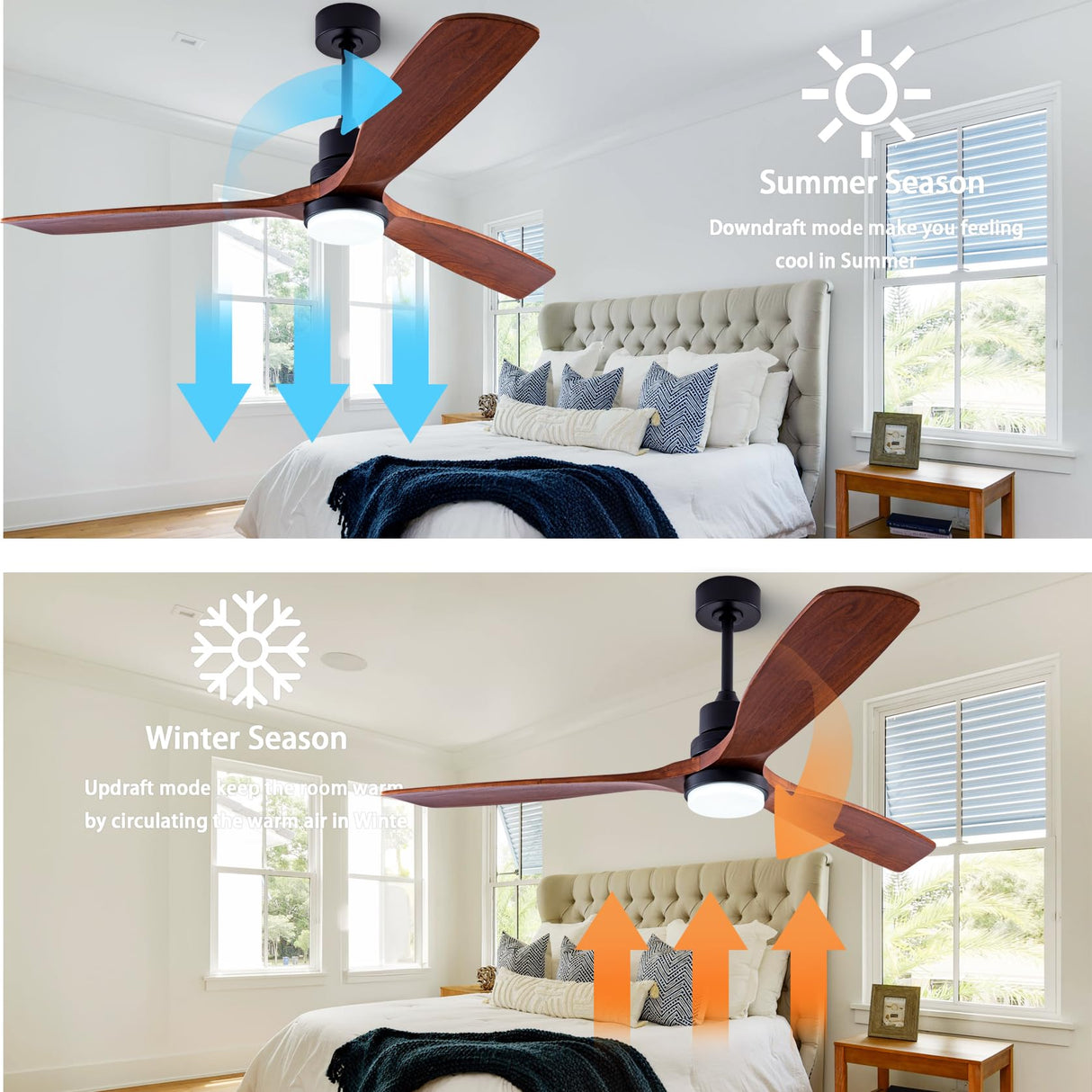 QUTWOB 48" Wood Ceiling Fan with Light and Remote Control, Indoor Outdoor Wooden 3 Blades Ceiling Fan for Patio Living Room, Bedroom, Office,Reversible DC Motor(Black+Dark Walnut) QUTWOB