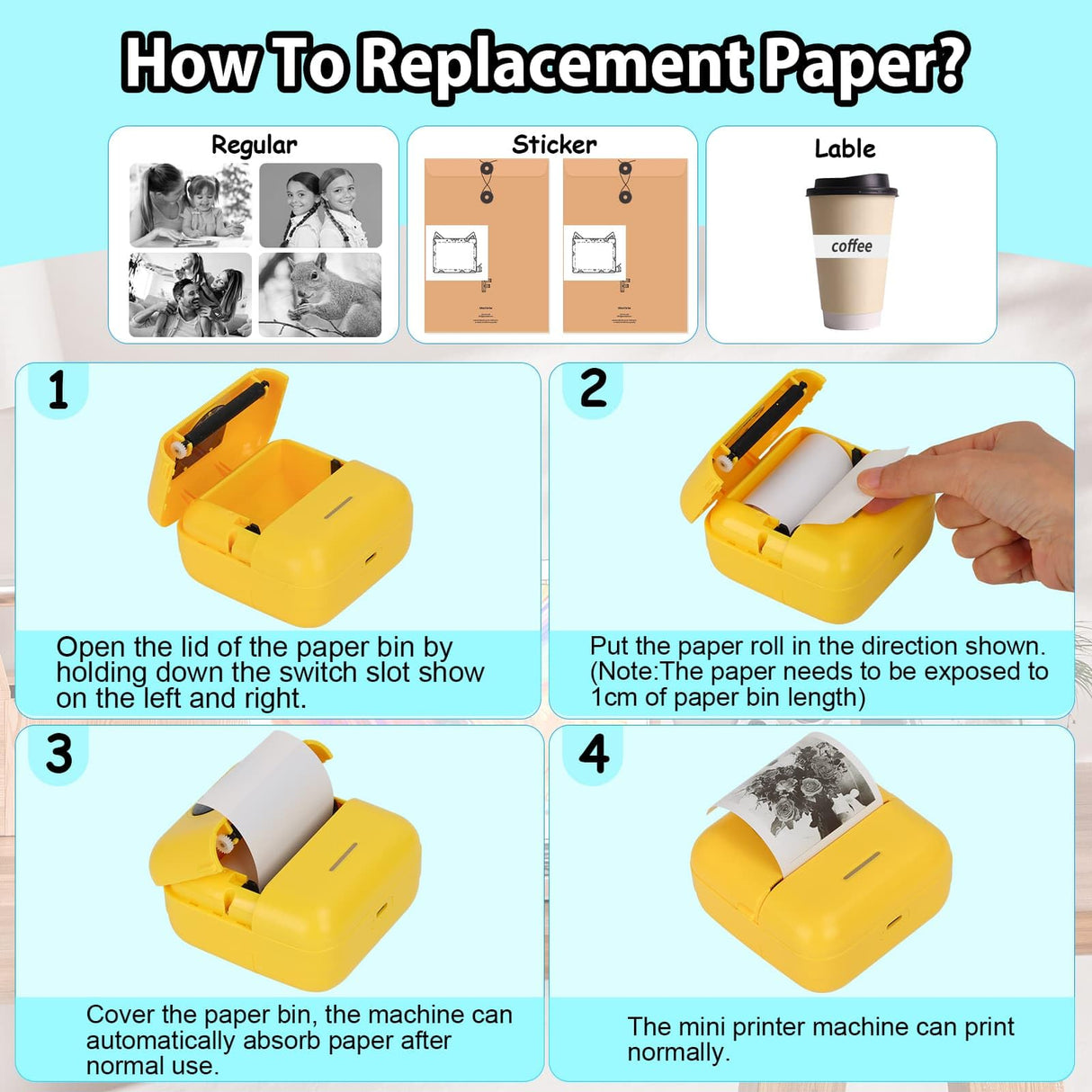 HuiJuKeJi Mini Sticker Printer Bluetooth Smart Pocket Inkless Thermal Printer with 11 Rolls Thermal Paper and Sticker for iOS&Android Print Pod, Portable Receipt Printer for Photo Note Memo (Yellow) HuiJuKeJi