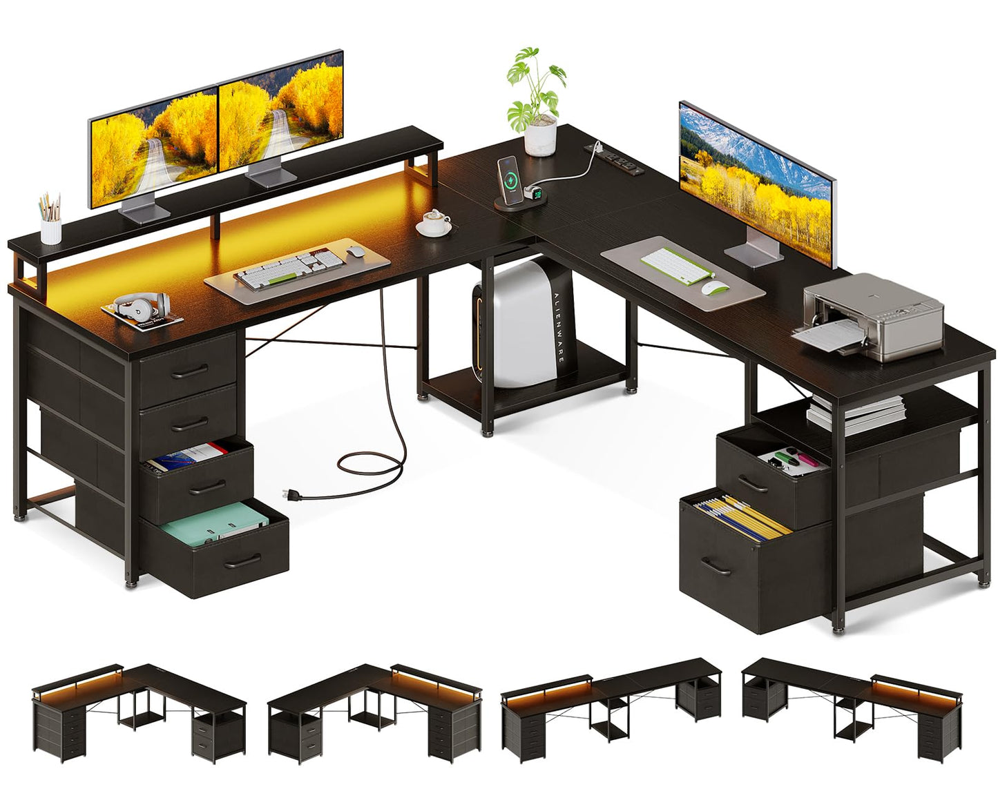 AODK 66" L Shaped Computer Desk, 113“ Reversible Home Office Desk with File Cabinet & 4 Fabric Drawers, Two Person Desk with LED Lights & Power Outlet, Corner Gaming Desk with Monitor Shelf,  - WoodArtSupply