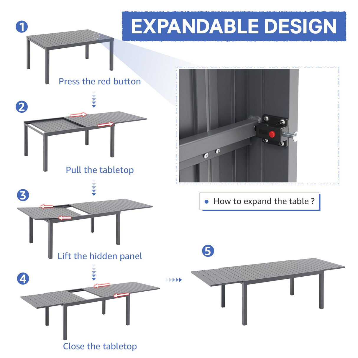 SUNSITT 11-Piece Outdoor Patio Dining Set, 63" - 105" Aluminum Expandable Outdoor Dining Table Set for 10, 10 Stackable Chairs with Gray Removable Cushions SUNSITT