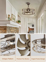 Curve Curio Caged Ceiling Fans with Lights, 18 Inch Farmhouse Ceiling Fans with Lights and Remote, Rustic Industrial Fandelier Ceiling Fan Enclosed for Bedroom Curve Curio